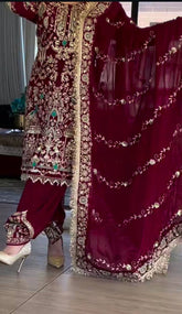Heavy Embroidery Sequence Work Maroon Color Dhoti Suit